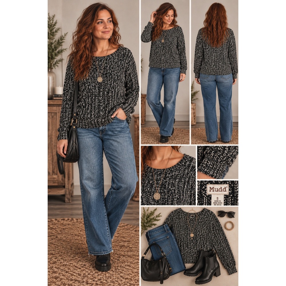 Vintage 90s Mudd Jeans Chunky Marled Knit Sweater Black White L